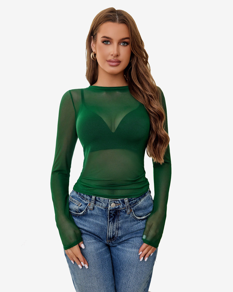 Green sheer long-sleeve blouse with V-shaped chest cutout and ruched drawstring waist