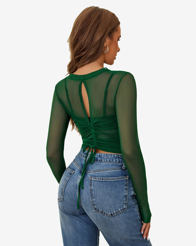 Green sheer blouse with ruched back and drawstring waist, long sleeves