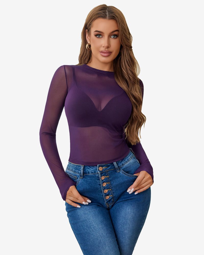 Purple sheer blouse with long sleeves and drawstring waist, scoop neckline