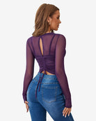 Purple sheer blouse with ruched back keyhole and drawstring waist, long sleeves
