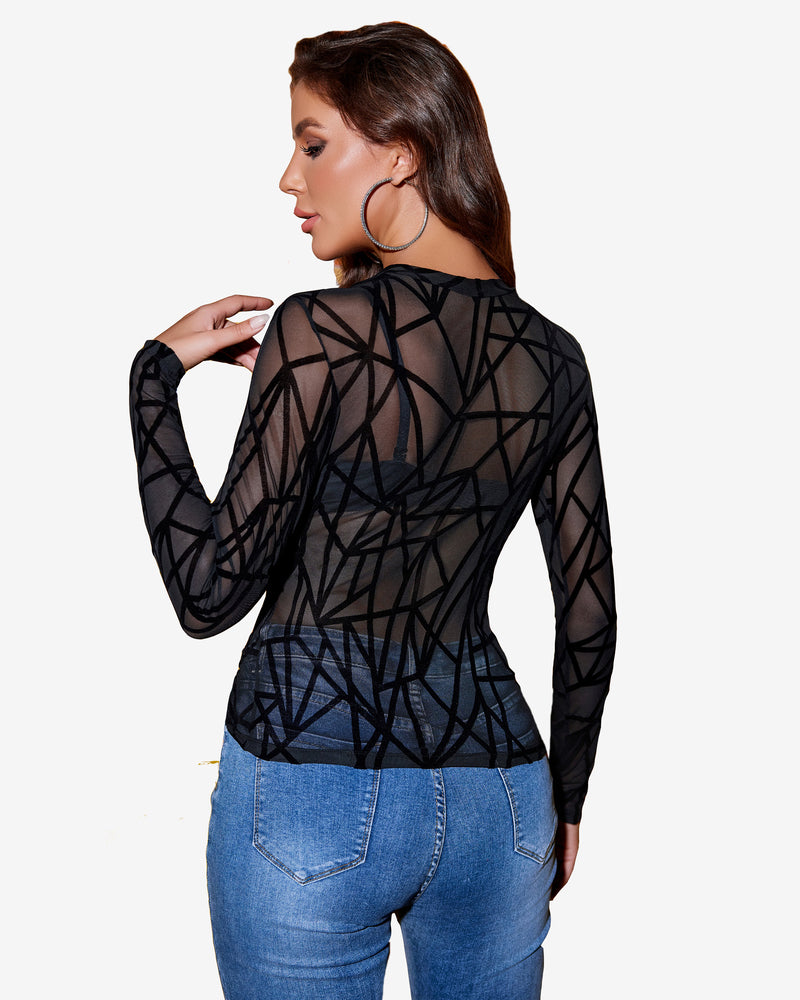 Black sheer blouse with geometric pattern, long sleeves and open back keyhole