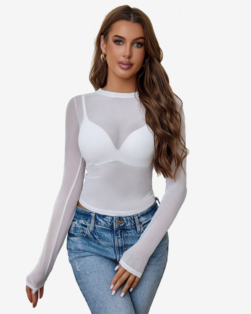 White sheer long-sleeve blouse with front drawstring waist, V-neck