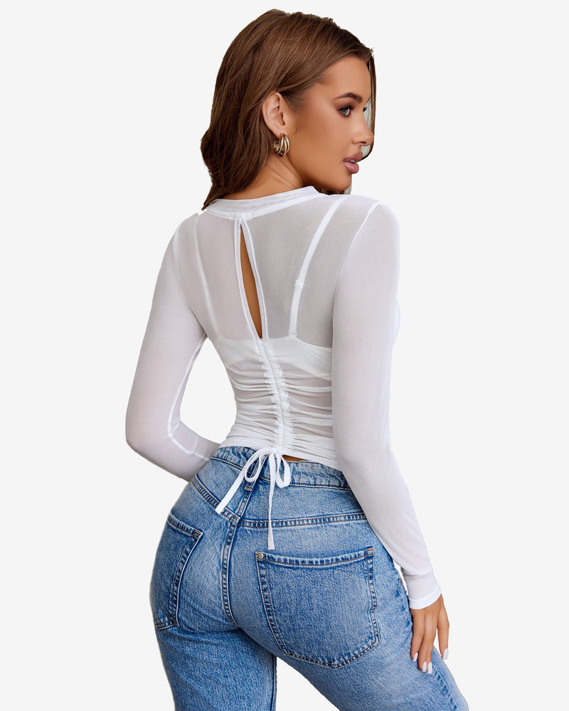 White sheer blouse with open back, drawstring waist, long sleeves