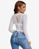White sheer blouse with open back, drawstring waist, long sleeves