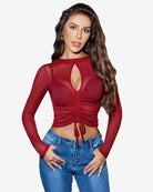 Wine red sheer long-sleeve blouse with keyhole chest cutout and ruched drawstring waist