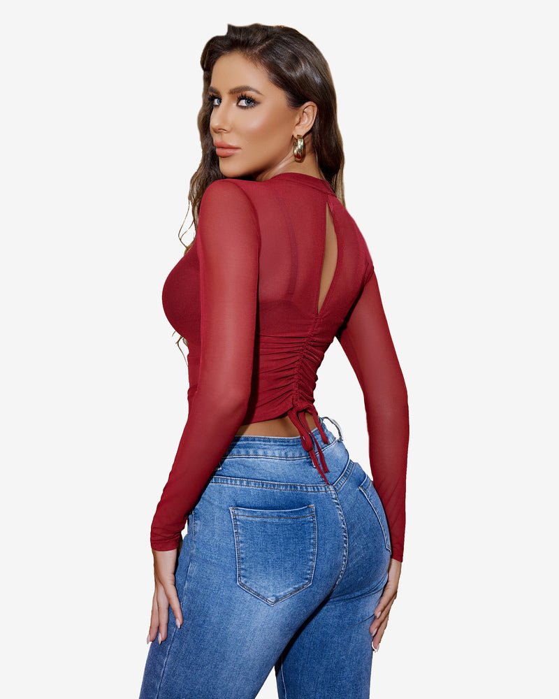 Wine red sheer long-sleeve blouse with open-back cutout and drawstring waist ties