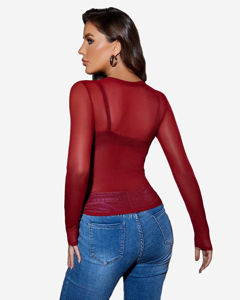 Wine red sheer long-sleeve blouse with open-back cutout and ruched drawstring waist tie