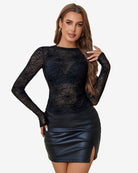 Black sheer long-sleeve blouse with spiderweb pattern and drawstring waist