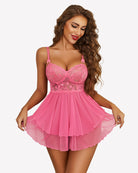 Pink lace babydoll nightgown with underwire cups, thin straps, and tiered ruffle skirt
