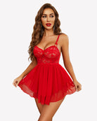 Red lace babydoll nightgown with underwire cups, thin straps, and tiered ruffle skirt