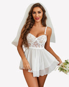 White lace floral night gown with scalloped bust, adjustable straps, and short tulle skirt