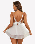 White lace floral night gown with open back straps and flared short tulle skirt