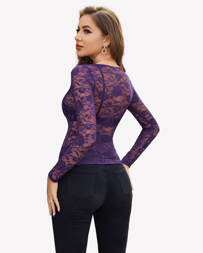 Purple sheer lace floral shirt, long sleeves, back view