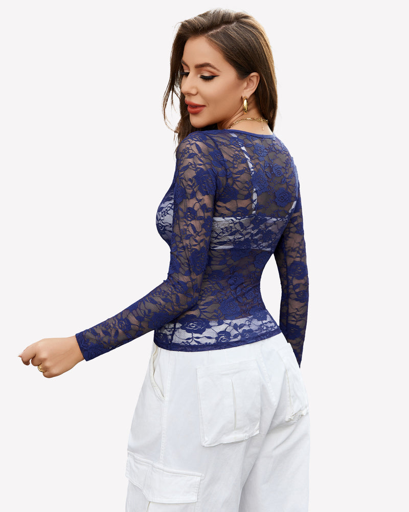 Dark blue sheer floral lace long-sleeve shirt with V-neck