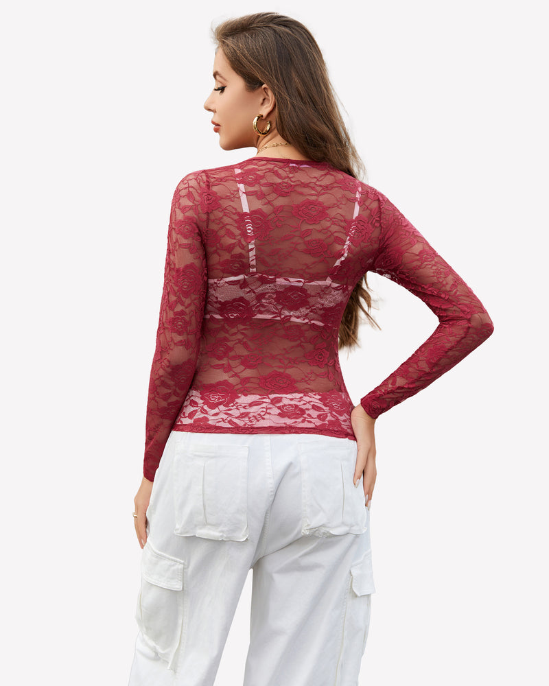 Wine red sheer floral lace long-sleeve shirt with V-neck, lace back panel