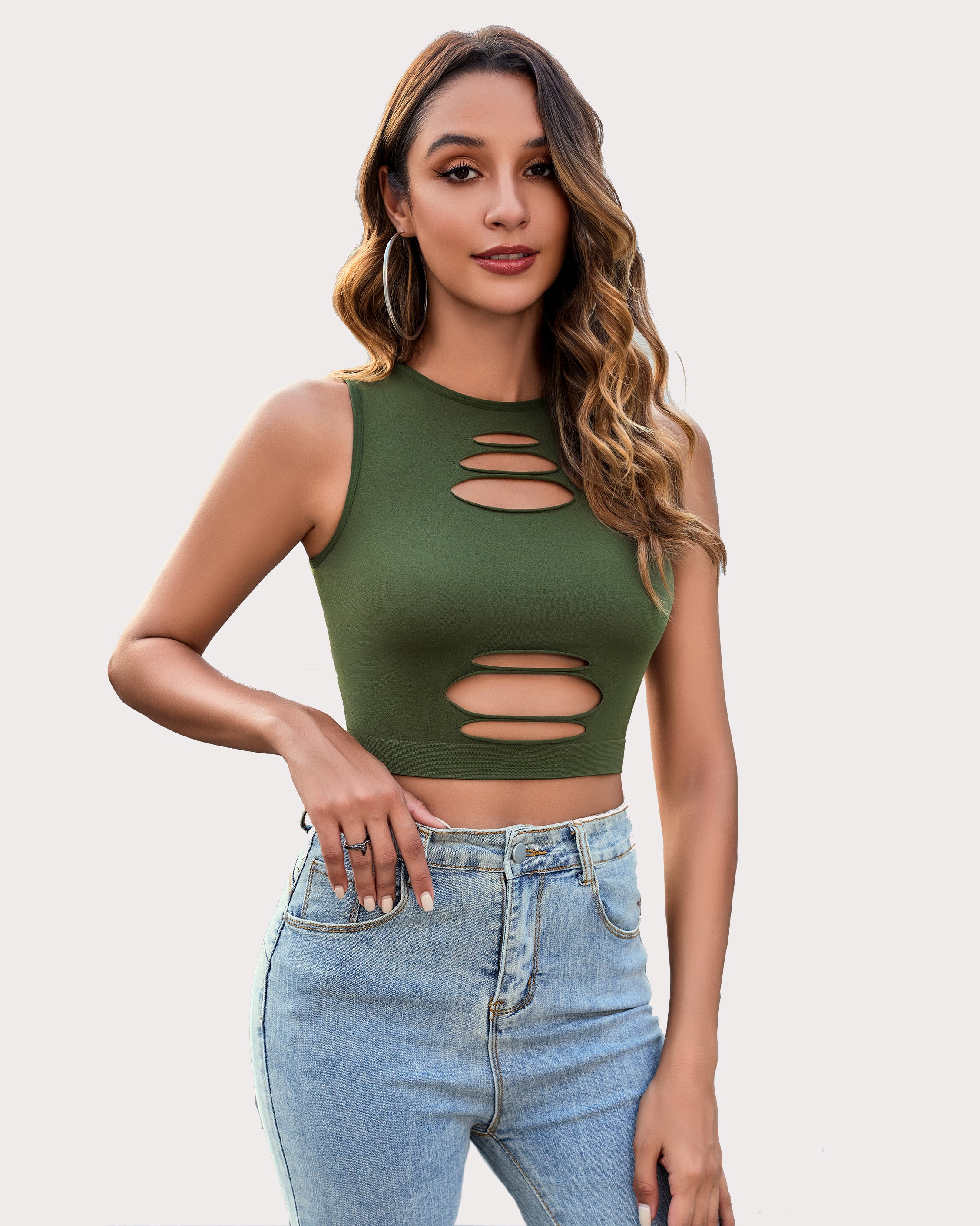 Olive green cut-out crop tank top with oval openings on the chest