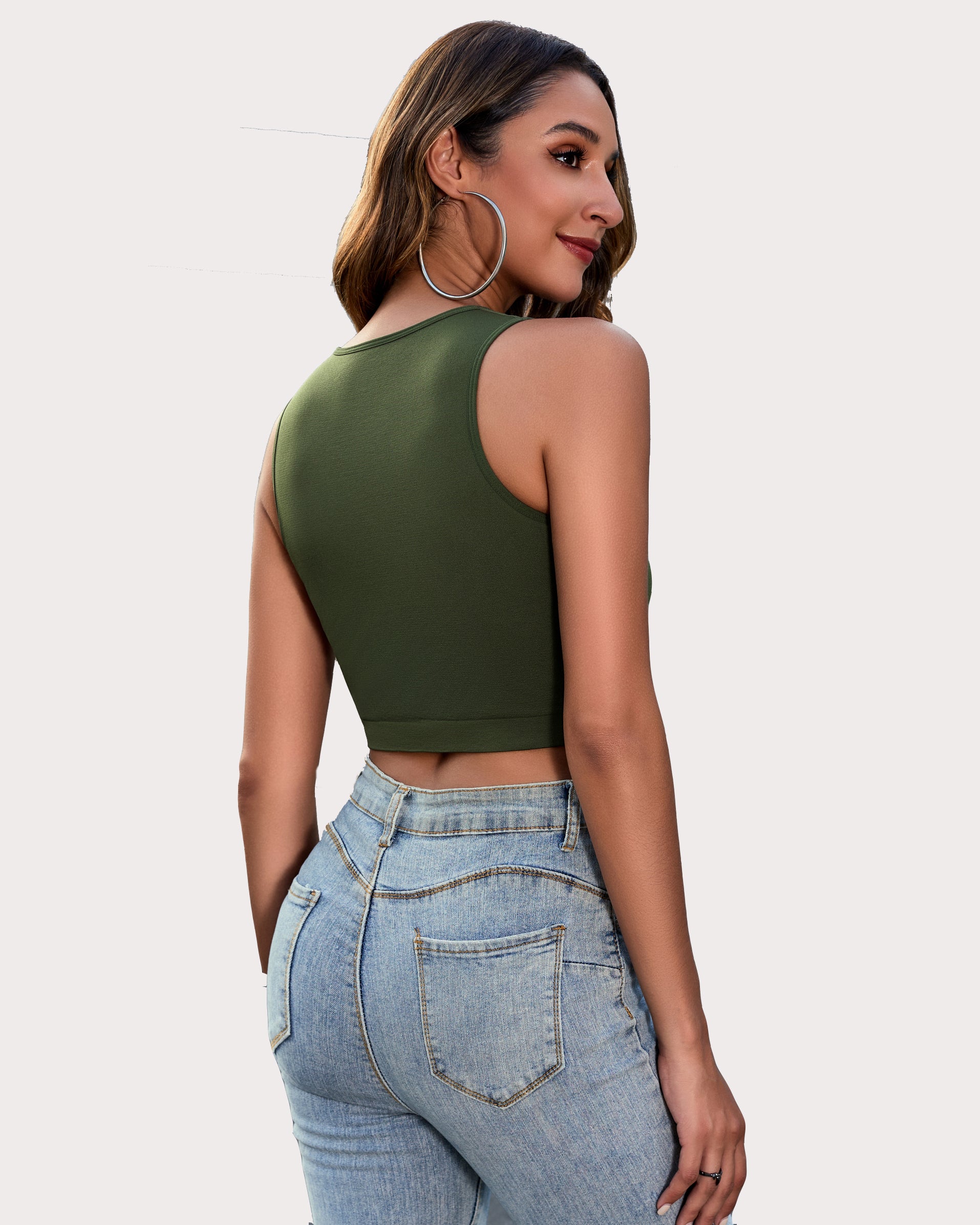 Olive green cut-out crop tank top back view, sleeveless with high neckline