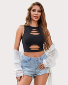 Black cut-out crop tank top with oval slashes at the chest