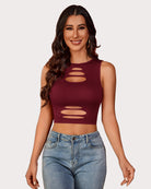 Burgundy cut-out crop tank top with vertical oval slashes on the front