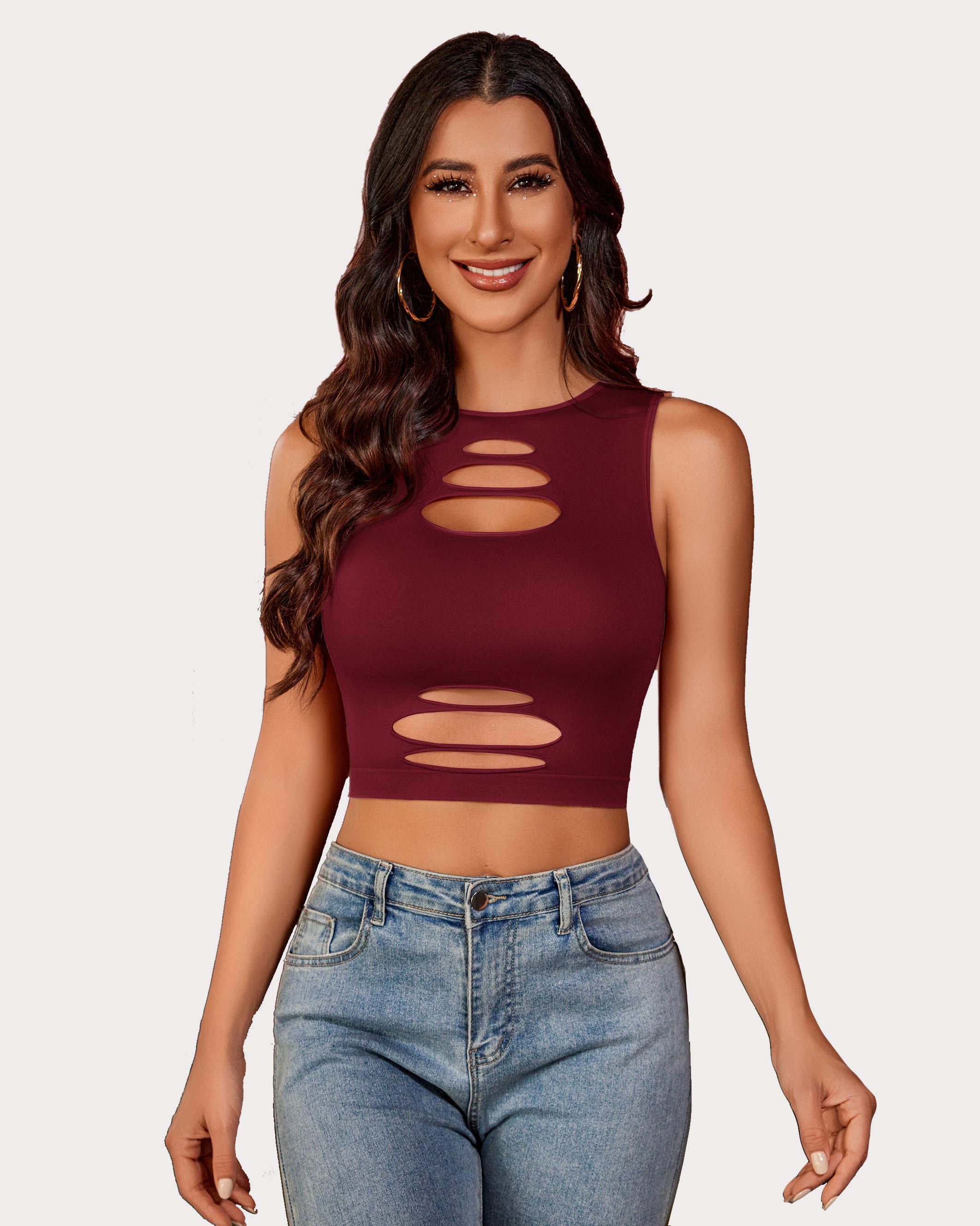 Burgundy cut-out crop tank top with vertical oval slashes on the front