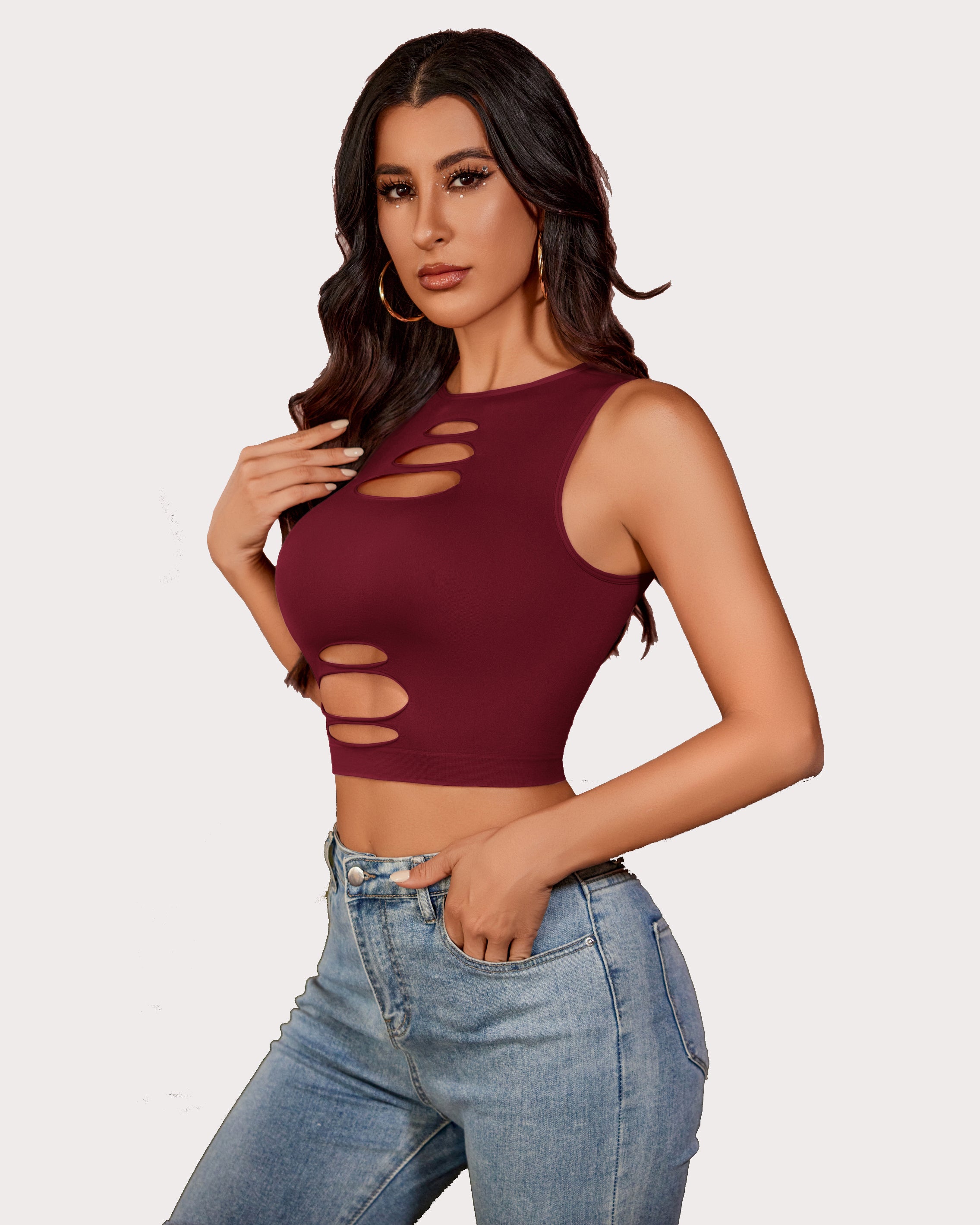 Burgundy cut-out crop tank top, sleeveless with oval cutouts along the front