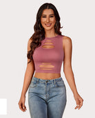 Mauve cutout crop tank top with oval slashes and high neckline