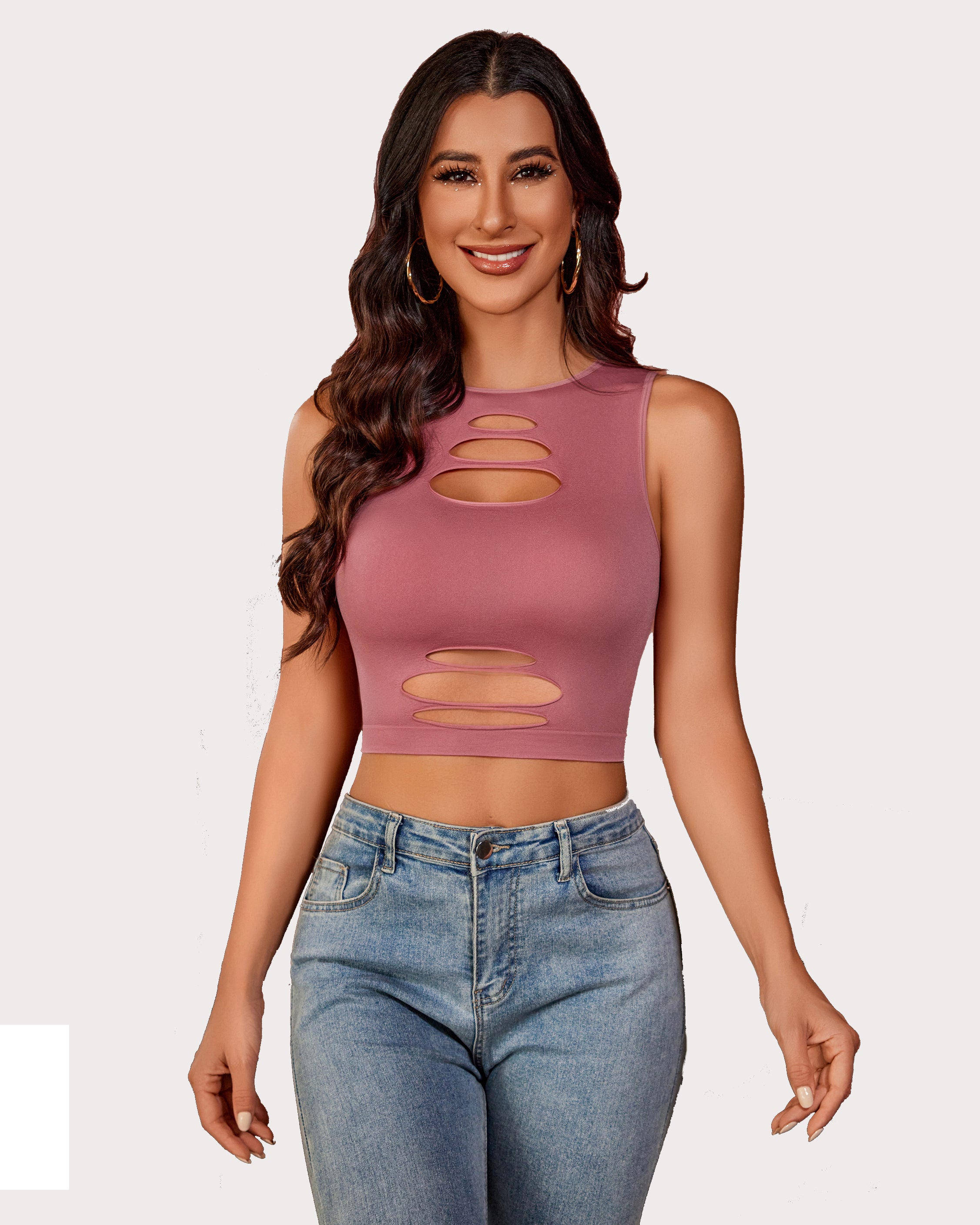 Mauve cutout crop tank top with oval slashes and high neckline