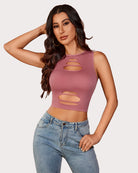 Mauve cutout crop tank top with oval slashes and sleeveless high neck