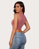 Mauve sleeveless crop tank top with high neckline
