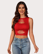 Red cutout crop tank top with oval slashes and high neckline