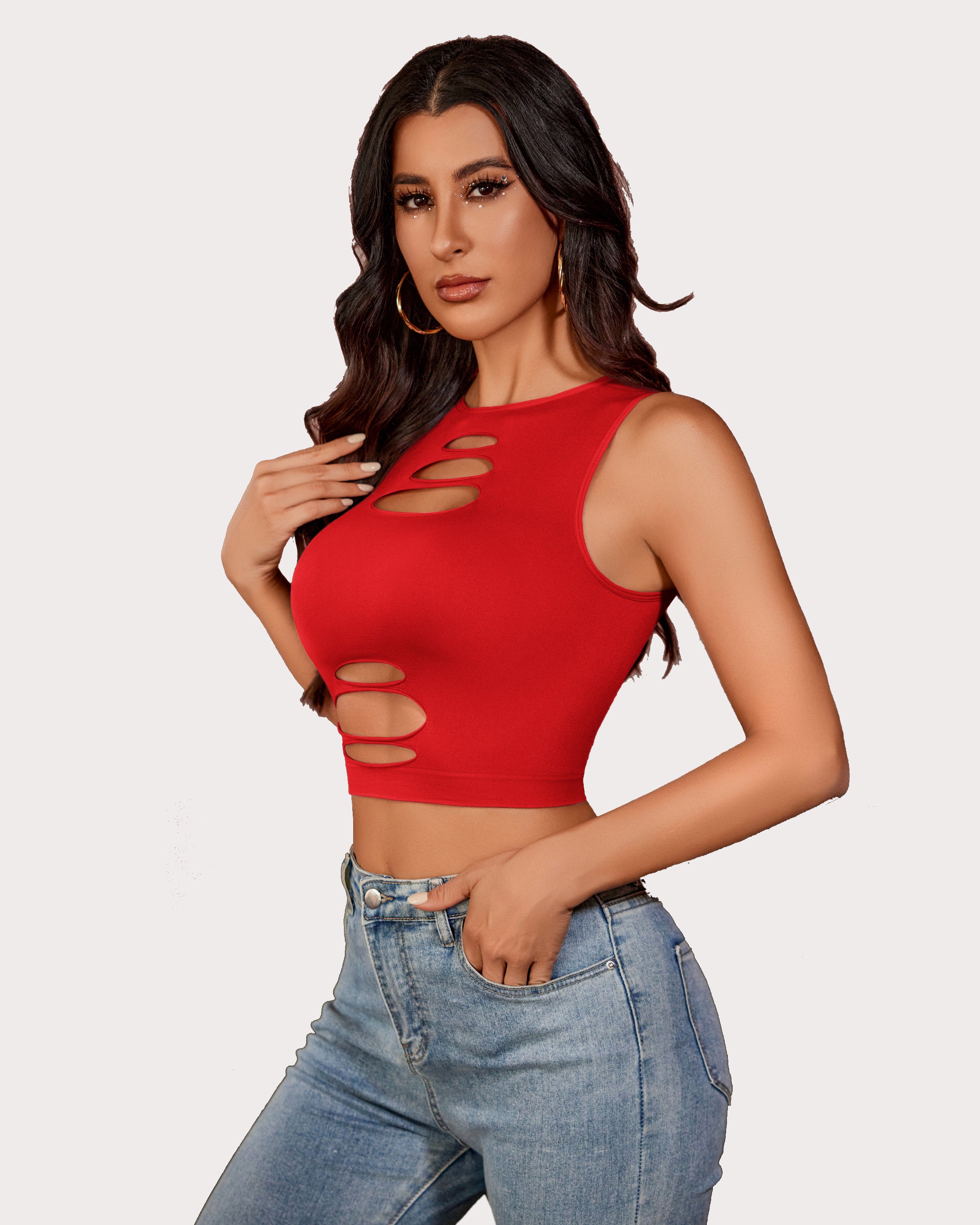 Red cutout crop tank top with oval slashes and sleeveless high neck