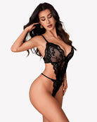 Black lace teddy one-piece lingerie with lace cups and V-cut center back panel