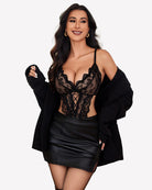 Black lace teddy one-piece lingerie with lace plunge cups, sheer bodice, and crotch detail