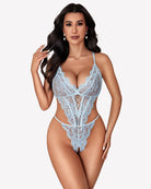 Light blue lace teddy one-piece lingerie with lace plunge cups and geometric cutout