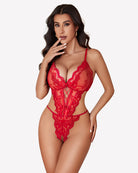Lace teddy one-piece lingerie, red lace front with scalloped plunge neckline
