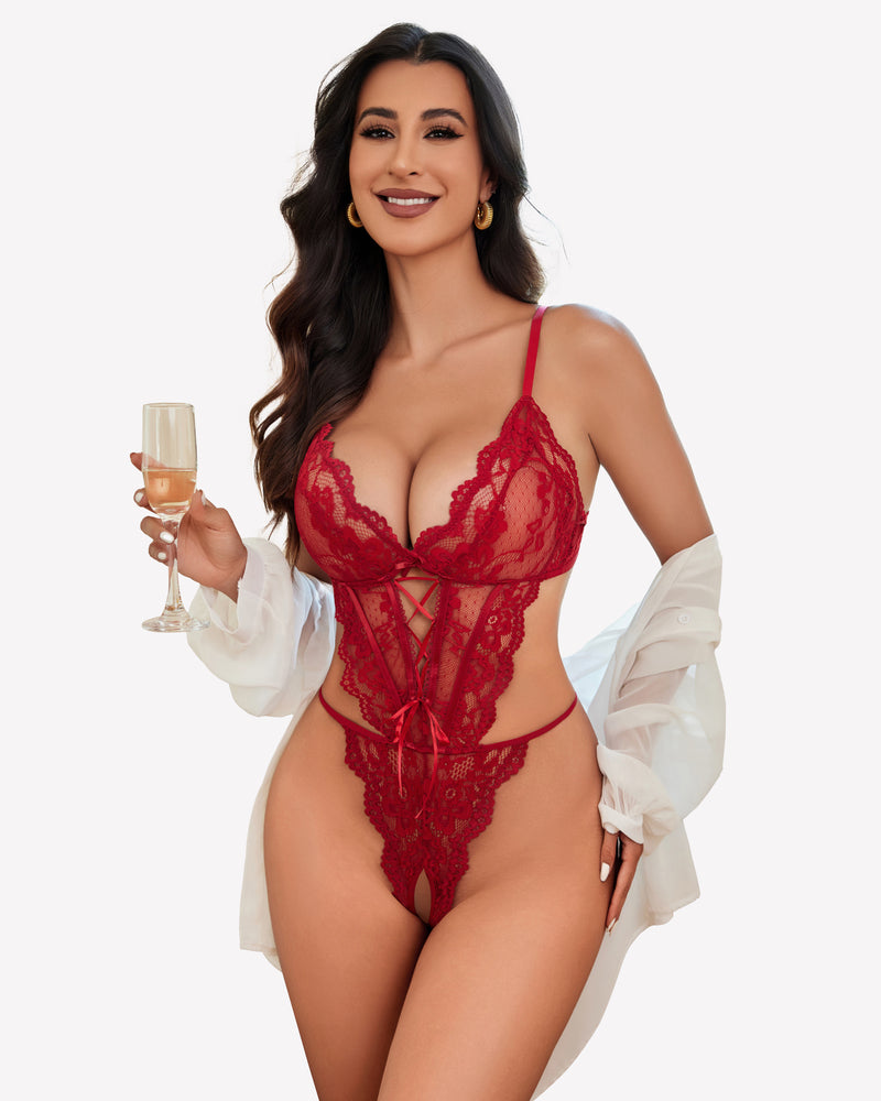 Lace teddy one-piece lingerie, red lace with floral pattern and scalloped leg openings