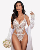 Lace teddy one-piece lingerie, white lace with floral pattern and crisscross front cutout