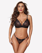 No-wire lace bra and panty set, black with scalloped V-neck cups and matching briefs