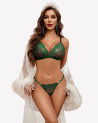 No-wire lace bra and panty set, green with lace V-neck cups and matching bikini briefs
