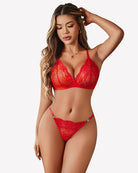 No-wire lace bra and panty set, red with lace V-neck cups and matching triangle briefs