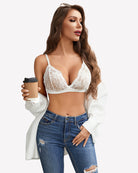White no-wire lace bra and panty set with scalloped cups and adjustable shoulder straps