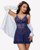 Blue lace chemise nightgown with underwire cups and scalloped lace hem