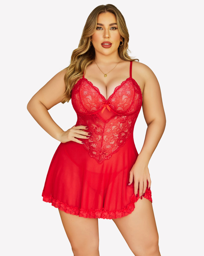 Red lace chemise nightgown with V-neck lace panel and short babydoll hem