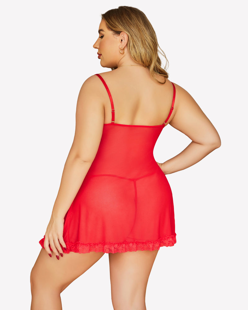 Red lace chemise nightgown back view with thin straps and scalloped hem