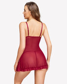 Deep red lace chemise nightgown back view with thin straps and lace-trim hem