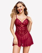 Deep red lace chemise nightgown with lace cups and ruffled scalloped hem