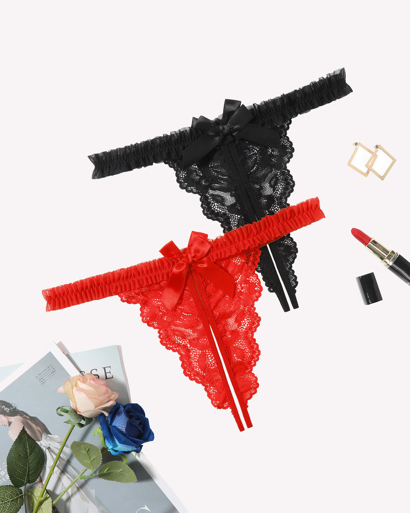 Three floral lace thong panties: black, red, and red with satin bows