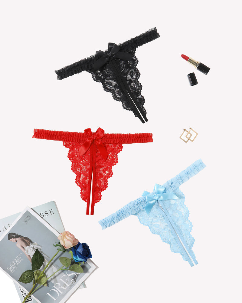 Floral lace panties assortment: black, red, and light blue thong with bows