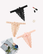 Floral lace panties with ribbon ties, black, beige, and light pink