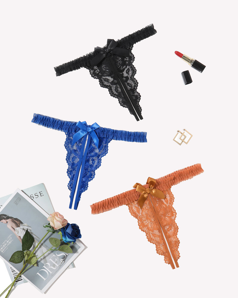 Floral lace panties with ribbon ties, black, blue, and orange